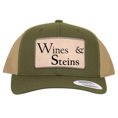 Wines & Steins - Engraved Leather Patch Retro Trucker Hat With Sports Mesh Thumbnail