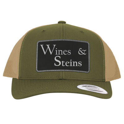 Wines & Steins - Engraved Leather Patch Retro Trucker Hat With Sports Mesh Thumbnail